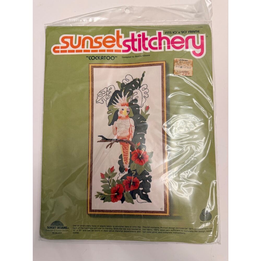 NEW Vintage 1979 Sunset Stitchery "Cockatoo" Crewel Kit Designed by Bonita Kliva